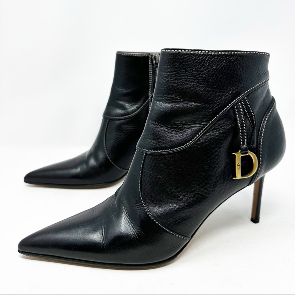 Christian Dior Vintage Black Leather Logo Boots Size 41